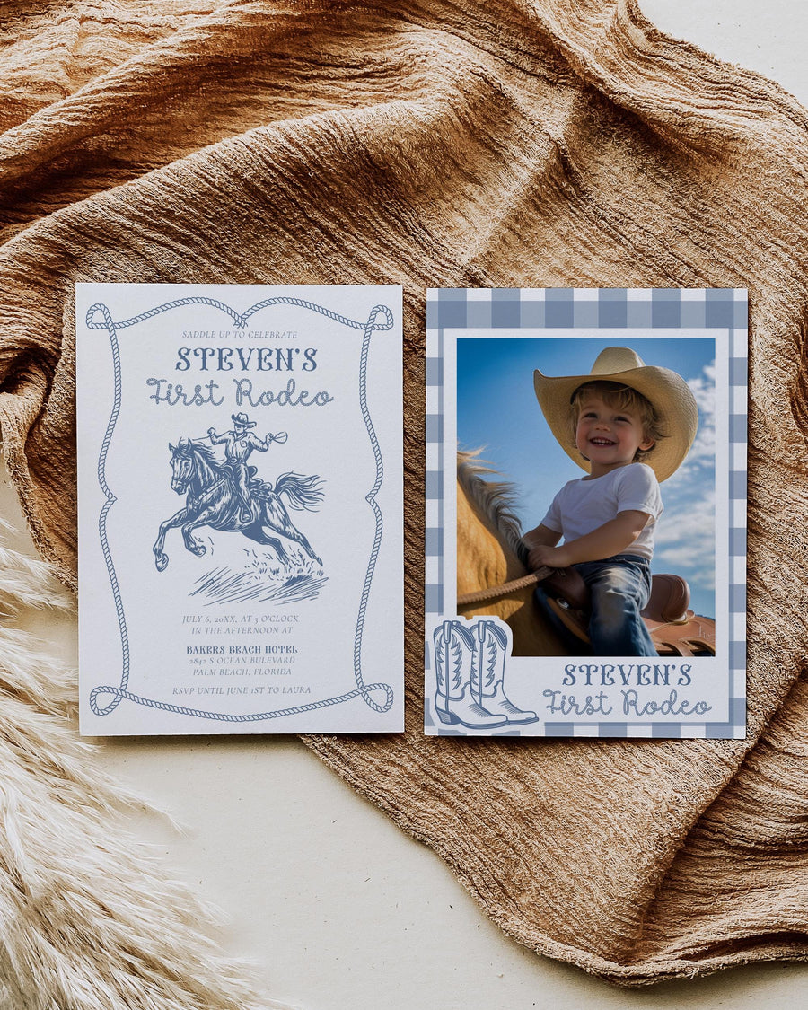 My First Rodeo Birthday Invitation, Blue Cowboy Western Party Template 058CB-BINV-BL - marryful.org