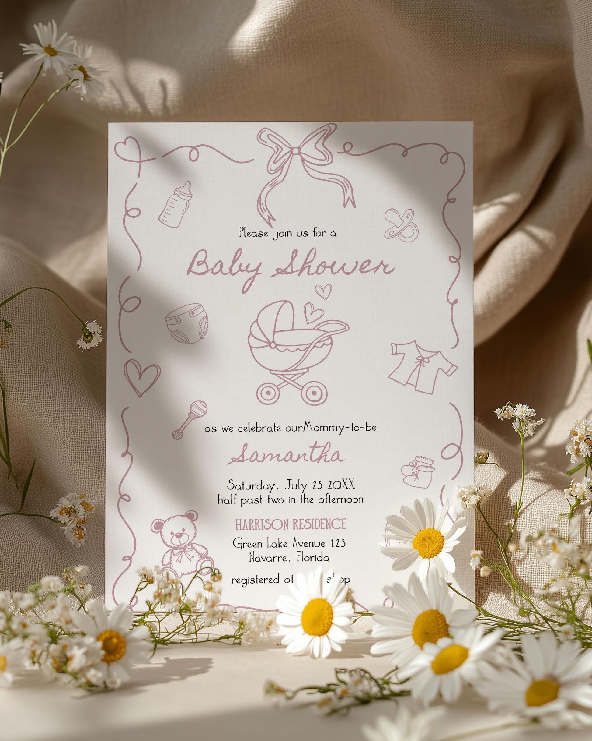 Hand Drawn Baby Shower Invitation Suite Pink Funky Doodle Whimsical Scribble for Girls Editable Baby Sprinkle Invite Printable Template #070 - TheLovebirdsDesign