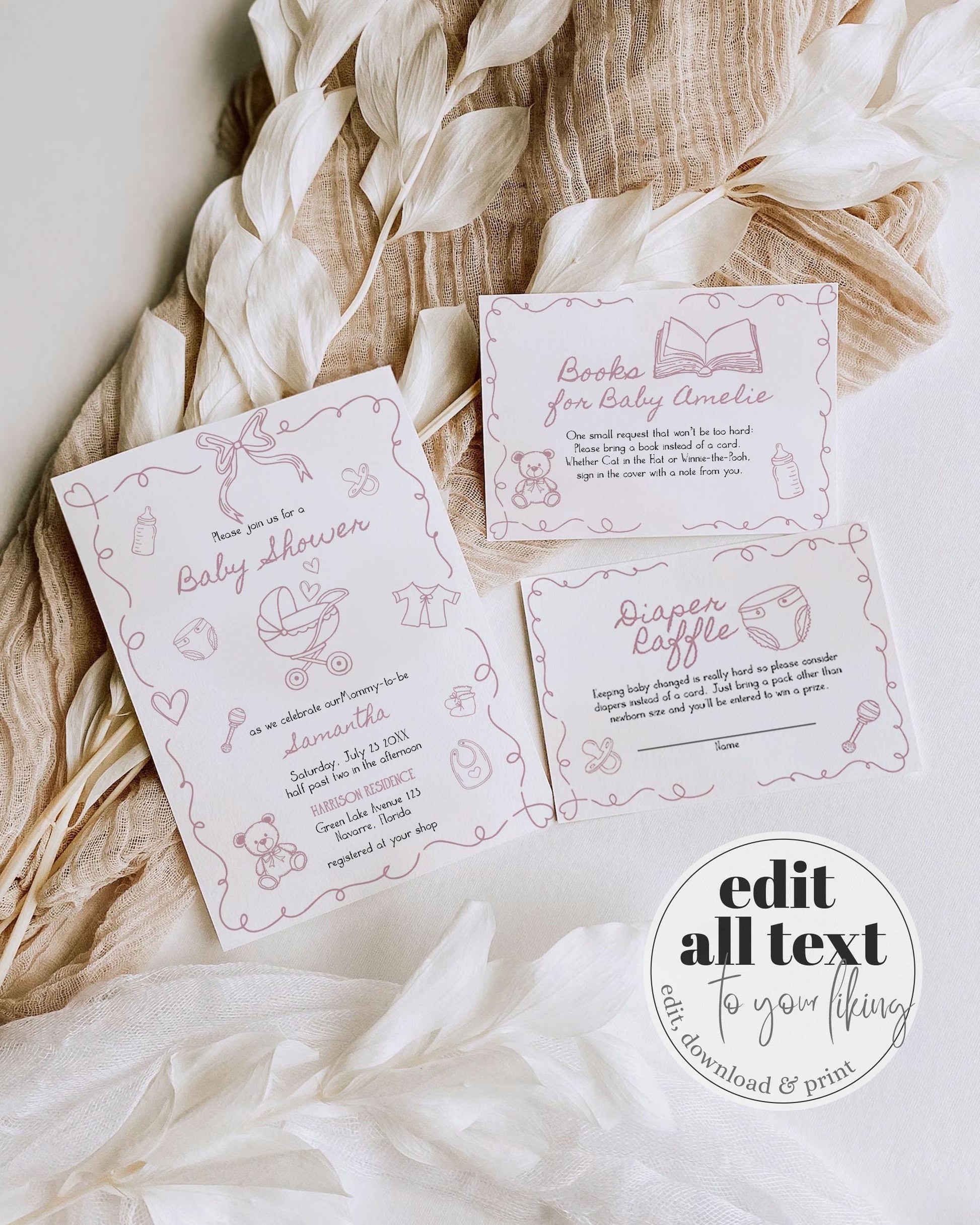 Hand Drawn Baby Shower Invitation Suite Pink Funky Doodle Whimsical Scribble for Girls Editable Baby Sprinkle Invite Printable Template #070 - TheLovebirdsDesign