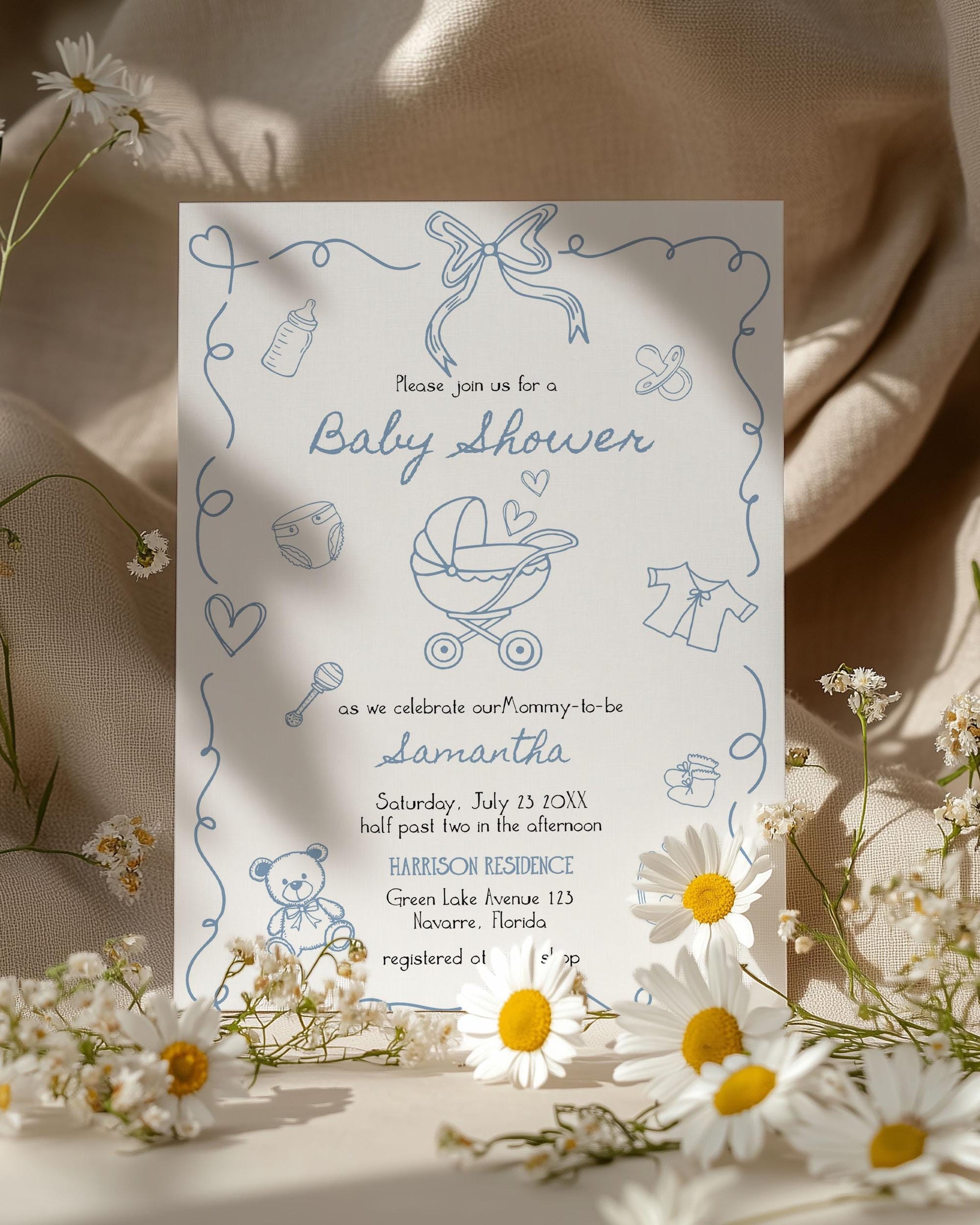 Hand Drawn Baby Shower Invitation Suite, Baby Items Doodle Whimsical Scribble for Boy, Editable Baby Sprinkle Invite Printable Template #070 - TheLovebirdsDesign