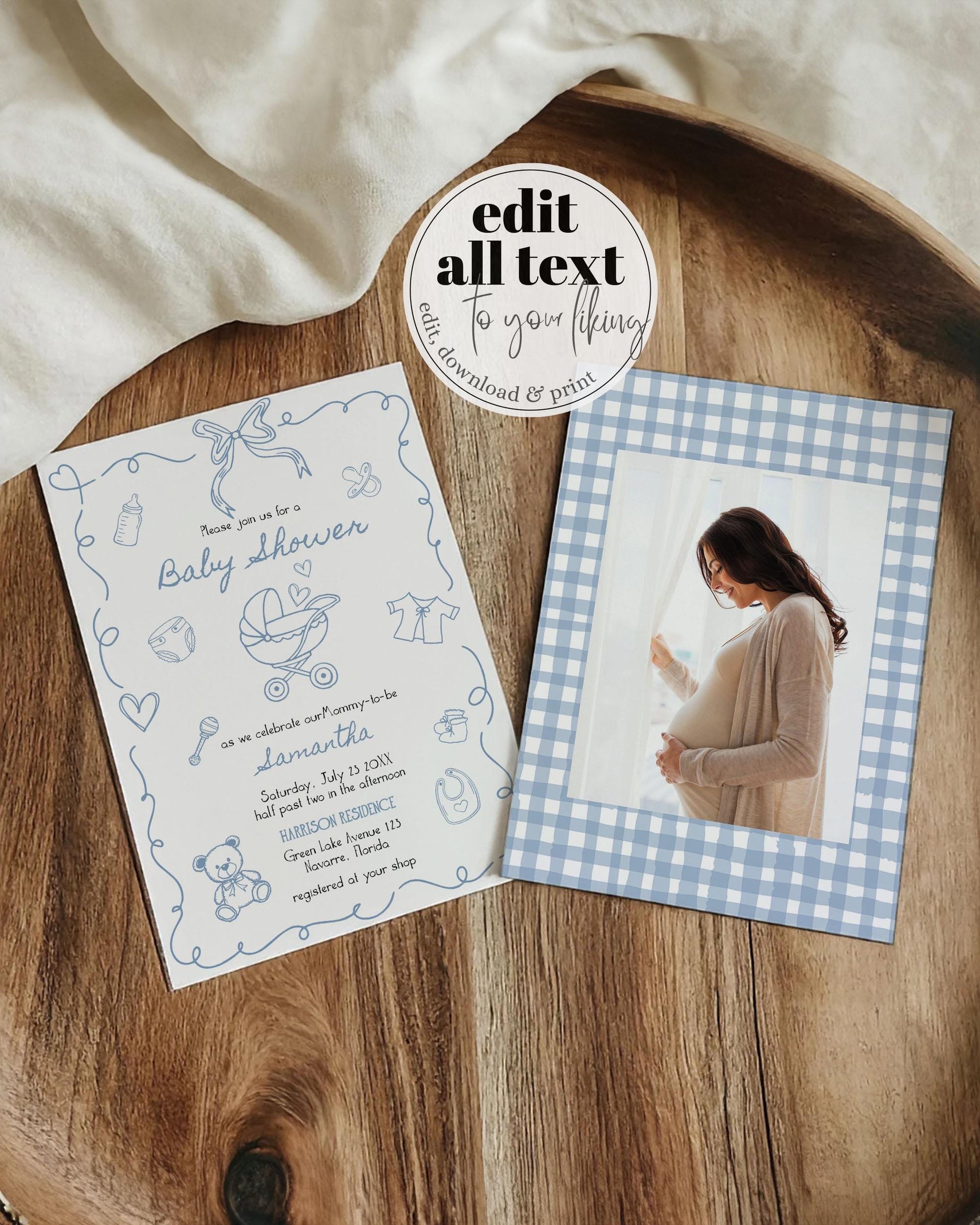 Hand Drawn Baby Shower Invitation Suite, Baby Items Doodle Whimsical Scribble for Boy, Editable Baby Sprinkle Invite Printable Template #070 - TheLovebirdsDesign