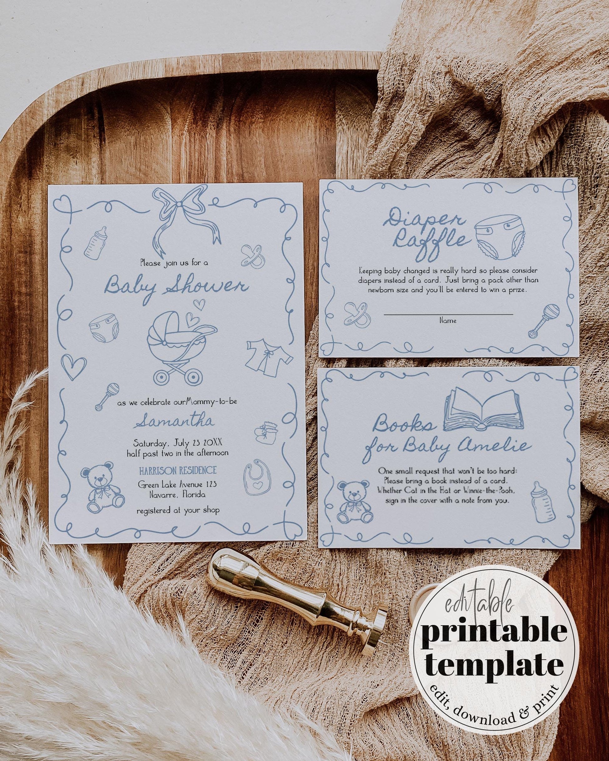 Hand Drawn Baby Shower Invitation Suite, Baby Items Doodle Whimsical Scribble for Boy, Editable Baby Sprinkle Invite Printable Template #070 - TheLovebirdsDesign