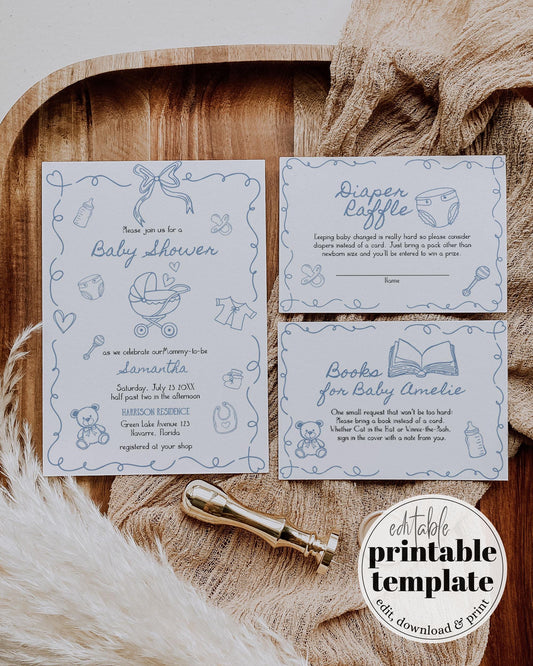 Hand Drawn Baby Shower Invitation Suite, Baby Items Doodle Whimsical Scribble for Boy, Editable Baby Sprinkle Invite Printable Template #070 - TheLovebirdsDesign