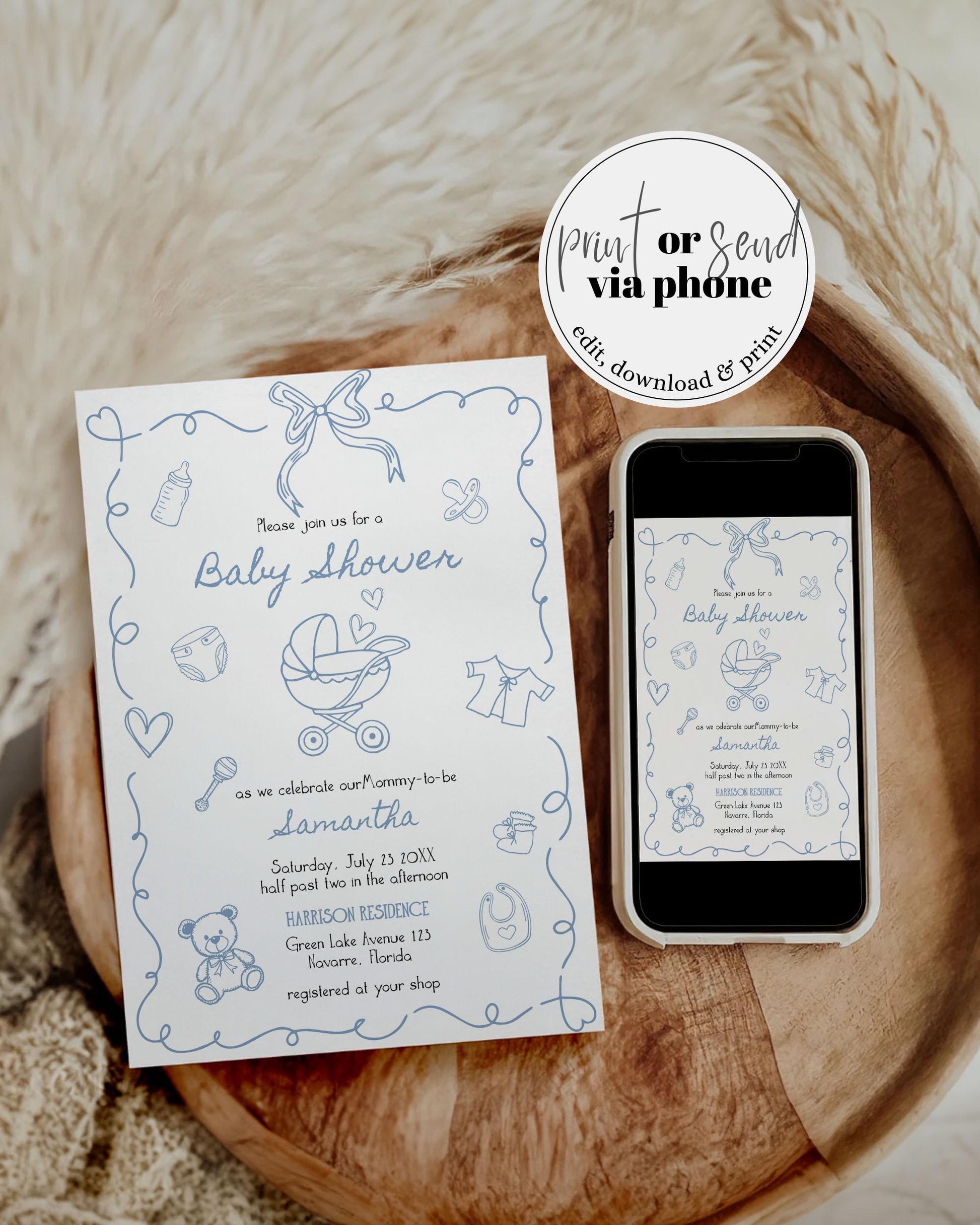 Hand Drawn Baby Shower Invitation Suite, Baby Items Doodle Whimsical Scribble for Boy, Editable Baby Sprinkle Invite Printable Template #070 - TheLovebirdsDesign