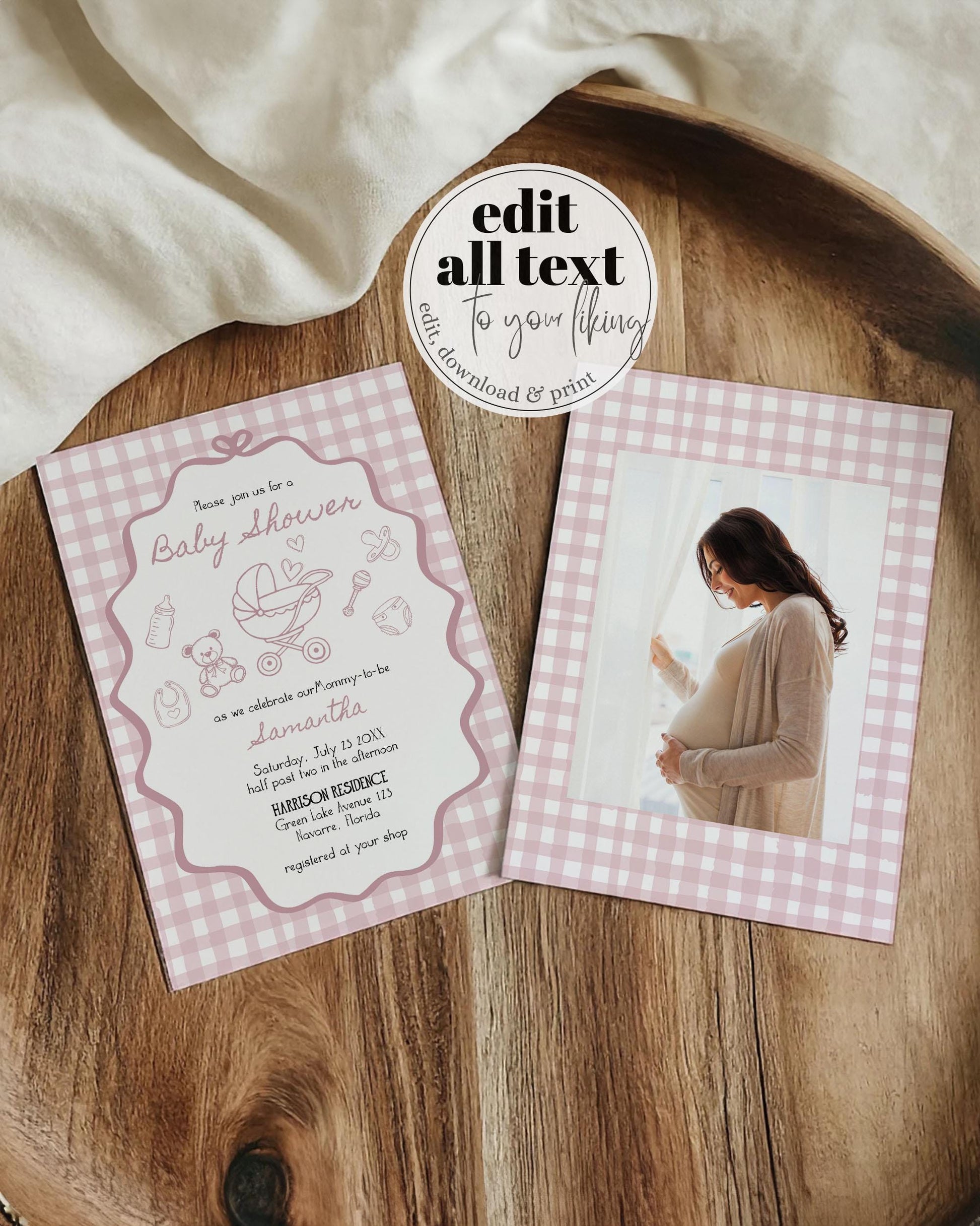 Hand Drawn Pink Baby Shower Invitation Suite for Girls, Pink Bow Wavy Frame Whimsical Scribble Design Girl Shower Invite Template #070 - TheLovebirdsDesign