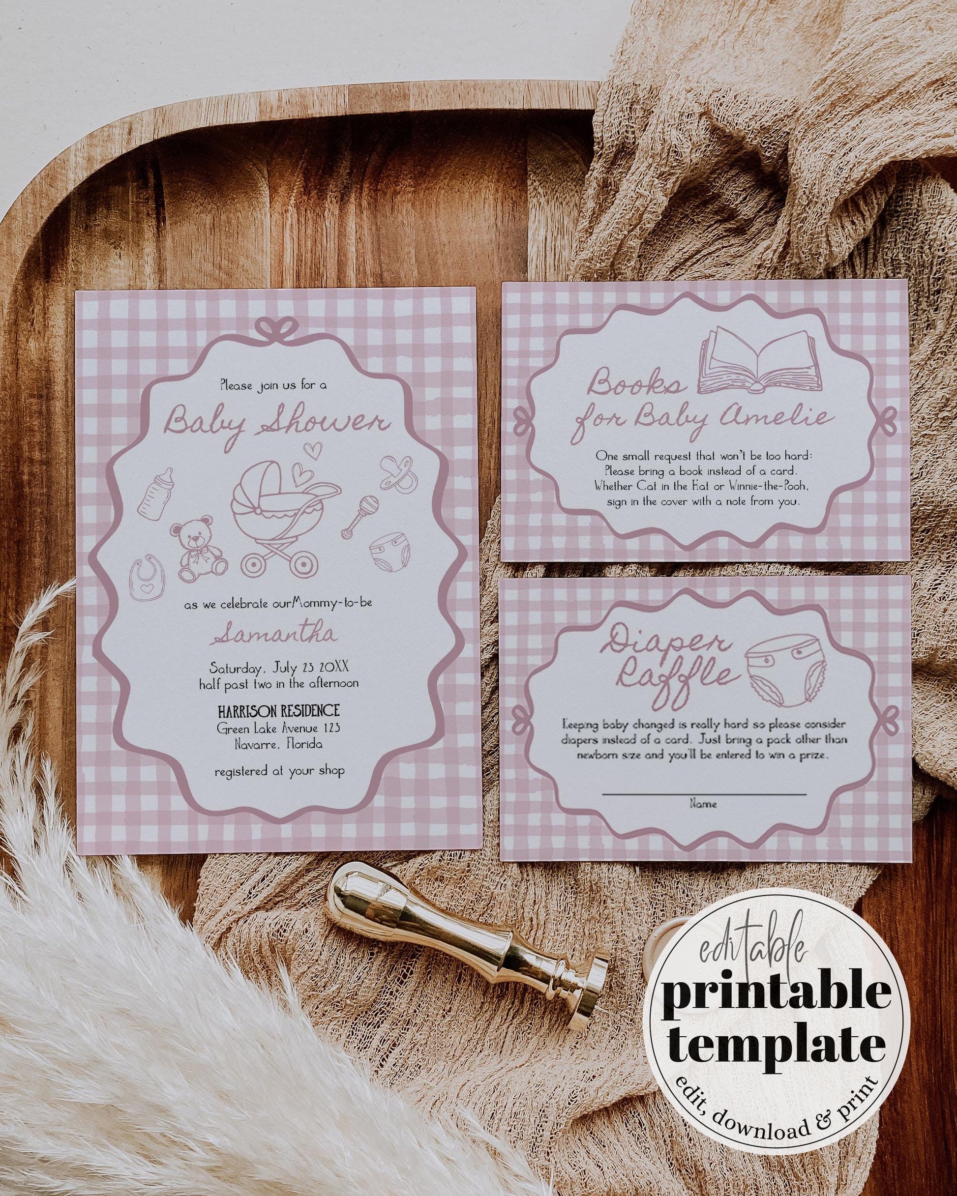 Hand Drawn Pink Baby Shower Invitation Suite for Girls, Pink Bow Wavy Frame Whimsical Scribble Design Girl Shower Invite Template #070 - TheLovebirdsDesign