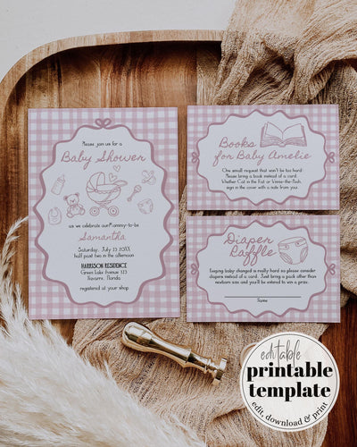 Hand Drawn Pink Baby Shower Invitation Suite for Girls, Pink Bow Wavy Frame Whimsical Scribble Design Girl Shower Invite Template #070 - TheLovebirdsDesign