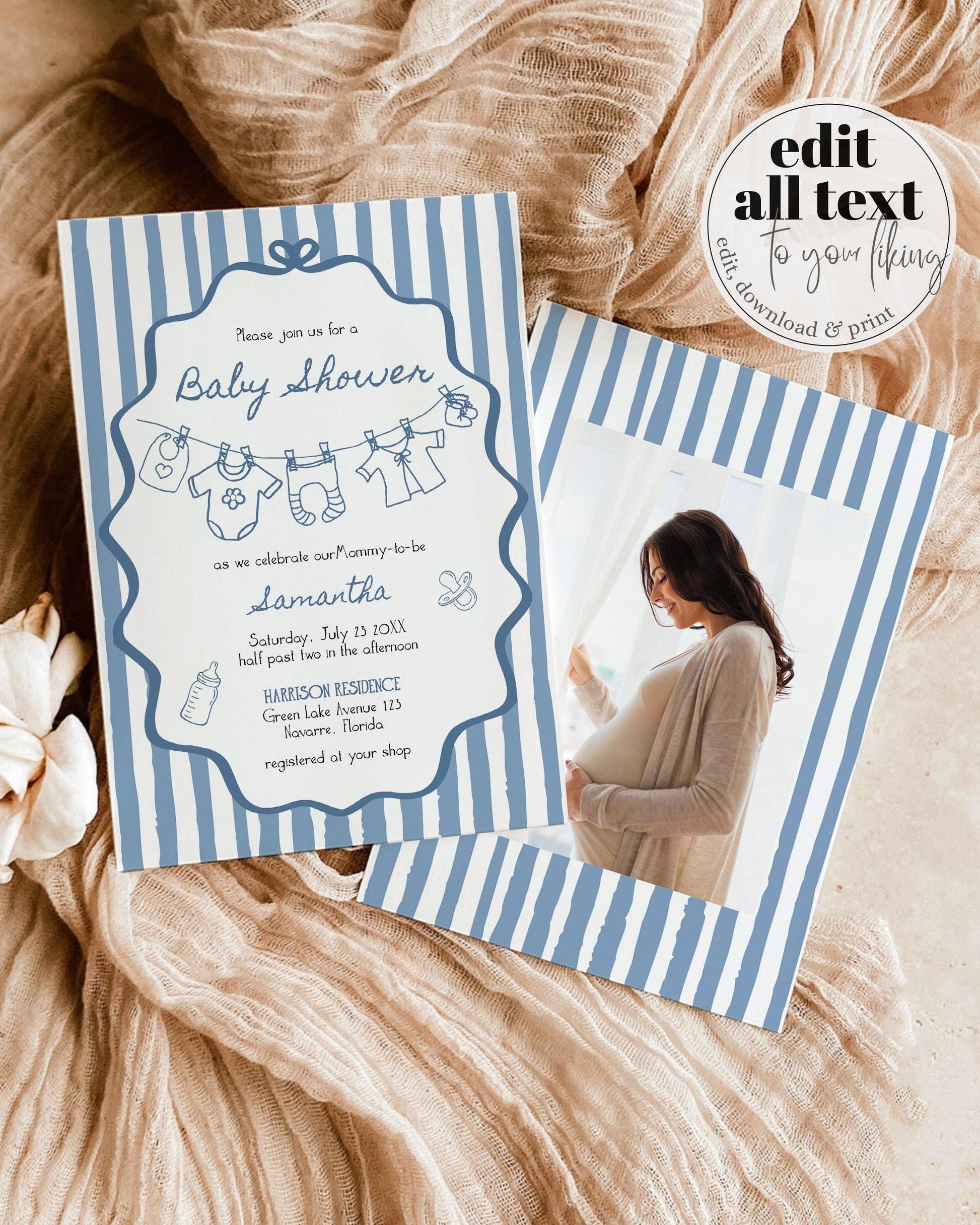 Hand Drawn Baby Shower Invitation Suite, Baby Clothes Line Wavy Frame Whimsical Scribble, Baby Sprinkle Invite Boys Printable Template #070 - TheLovebirdsDesign