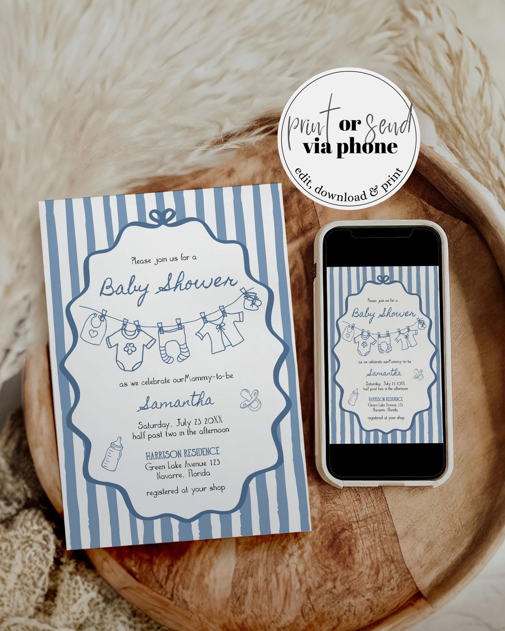 Hand Drawn Baby Shower Invitation Suite, Baby Clothes Line Wavy Frame Whimsical Scribble, Baby Sprinkle Invite Boys Printable Template #070 - TheLovebirdsDesign