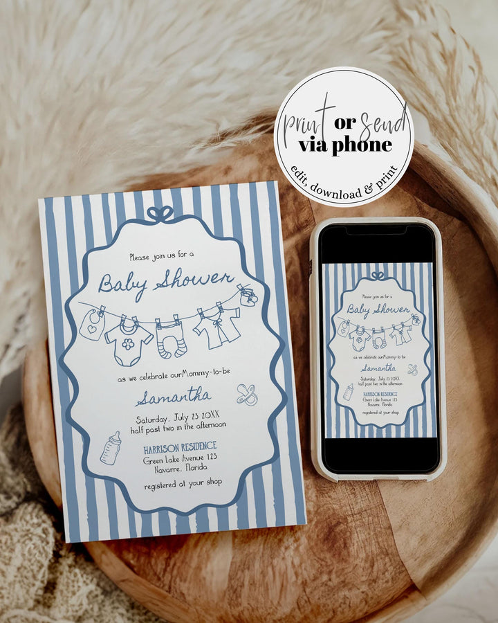 Hand Drawn Baby Shower Invitation Suite, Baby Clothes Line Wavy Frame Whimsical Scribble, Baby Sprinkle Invite Boys Printable Template #070 - TheLovebirdsDesign