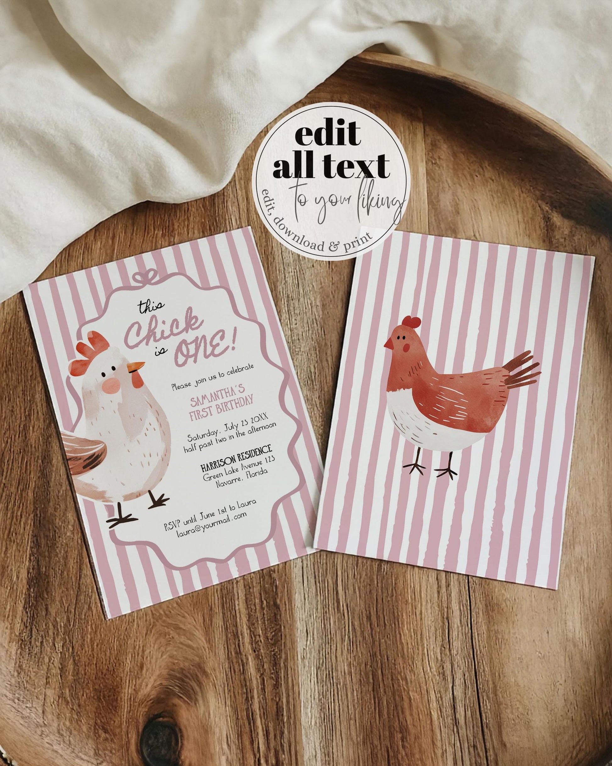 One Cute Chick Pink First Birthday Invitation, Whimsical Chicken Themed 1st Birthday Invite, Cute Farm Animal Invite Printable Template #070 - TheLovebirdsDesign