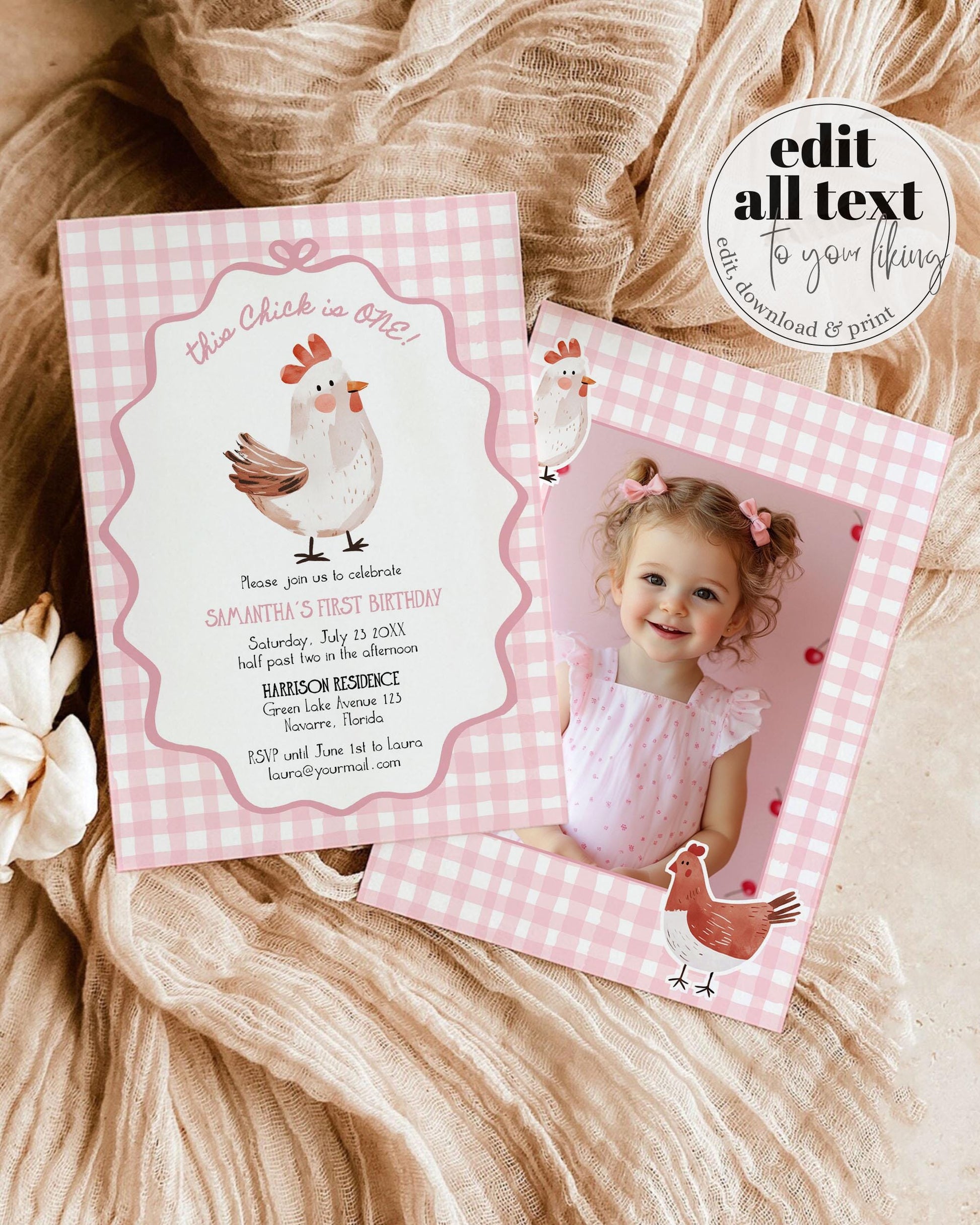 One Cute Chick First Birthday Invitation for Girls, Hand drawn Chicken Themed 1st Birthday Invite Farm Animal Invite Printable Template #070 - TheLovebirdsDesign
