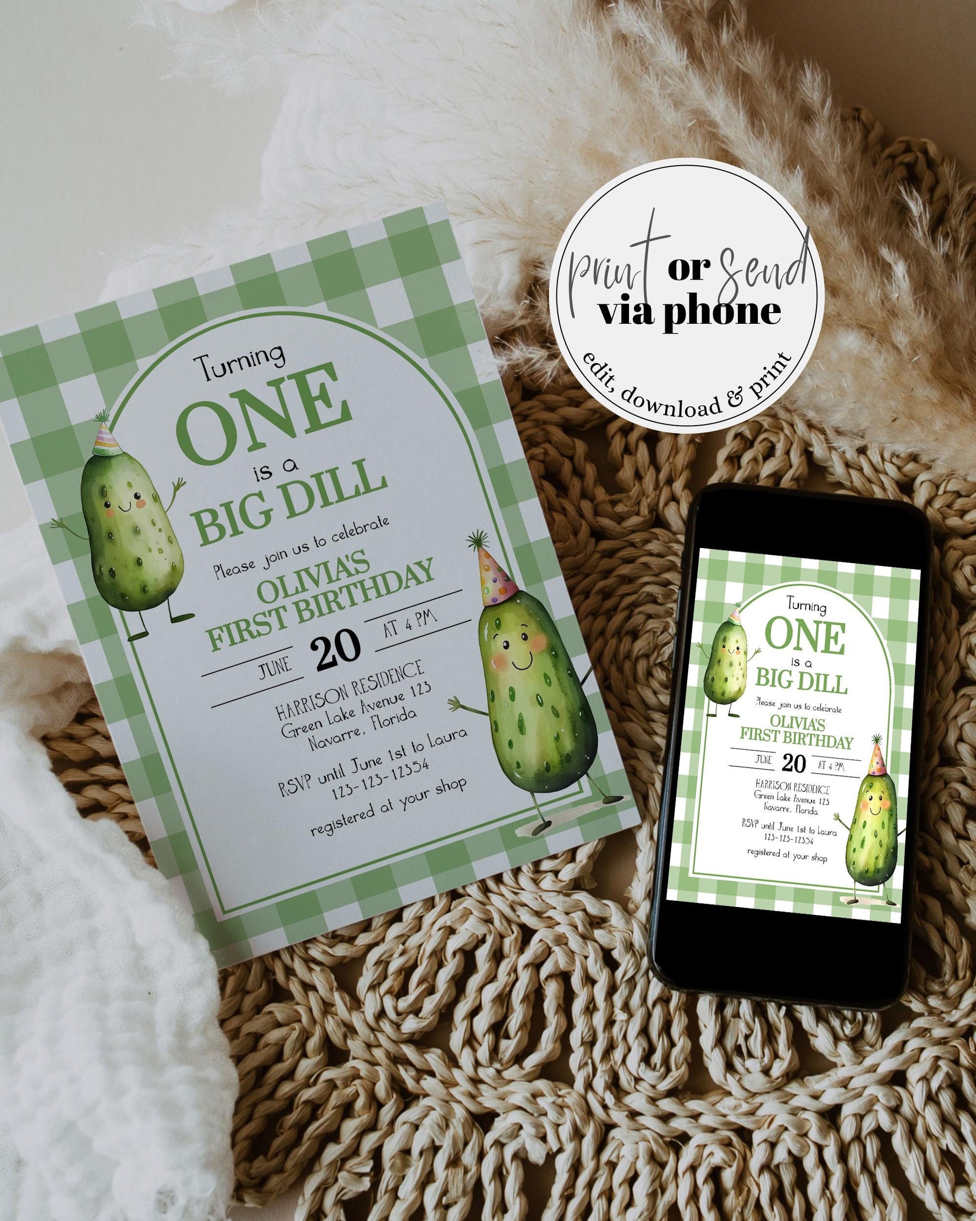 ONE Big Dill Pickle themed Birthday Invitation for First Birthday Boy or Girl, Gender Neutral 1st Birthday Invite Pickle Party Template #068 - TheLovebirdsDesign
