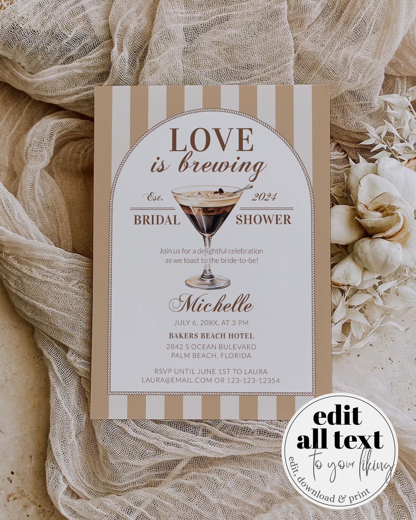 Love is Brewing Espresso Martini Bridal Shower Invitation Editable Cocktail Club Invite, Coffee Martini themed Party Printable Template #072 - TheLovebirdsDesign