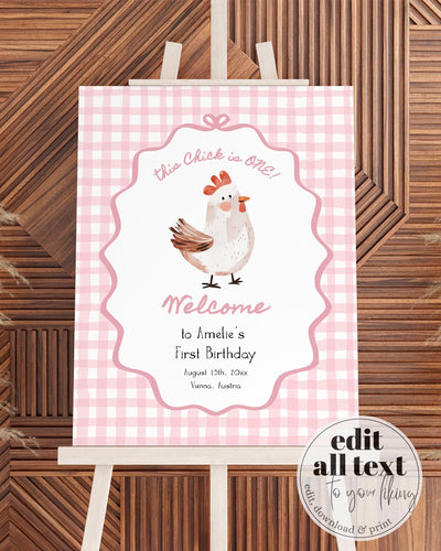 One Cute Chick First Birthday Welcome Sign for Girls, Hand drawn Chicken Themed 1st Birthday Party Sign Farm Animal Decoration Template #070 - TheLovebirdsDesign