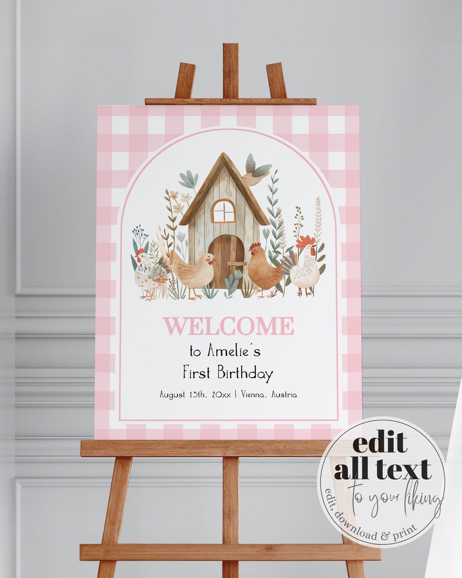 Chicken First Birthday Welcome Party Sign Girl, Boho ONE cute Chick 1st Birthday Decoration, Farm Barn Party Animal Sign Template #068 - TheLovebirdsDesign