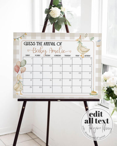 One Silly Goose Guess Due Date Sign Neutral Goose Baby Arrival Game Template 004SG-GUDD - marryful.org