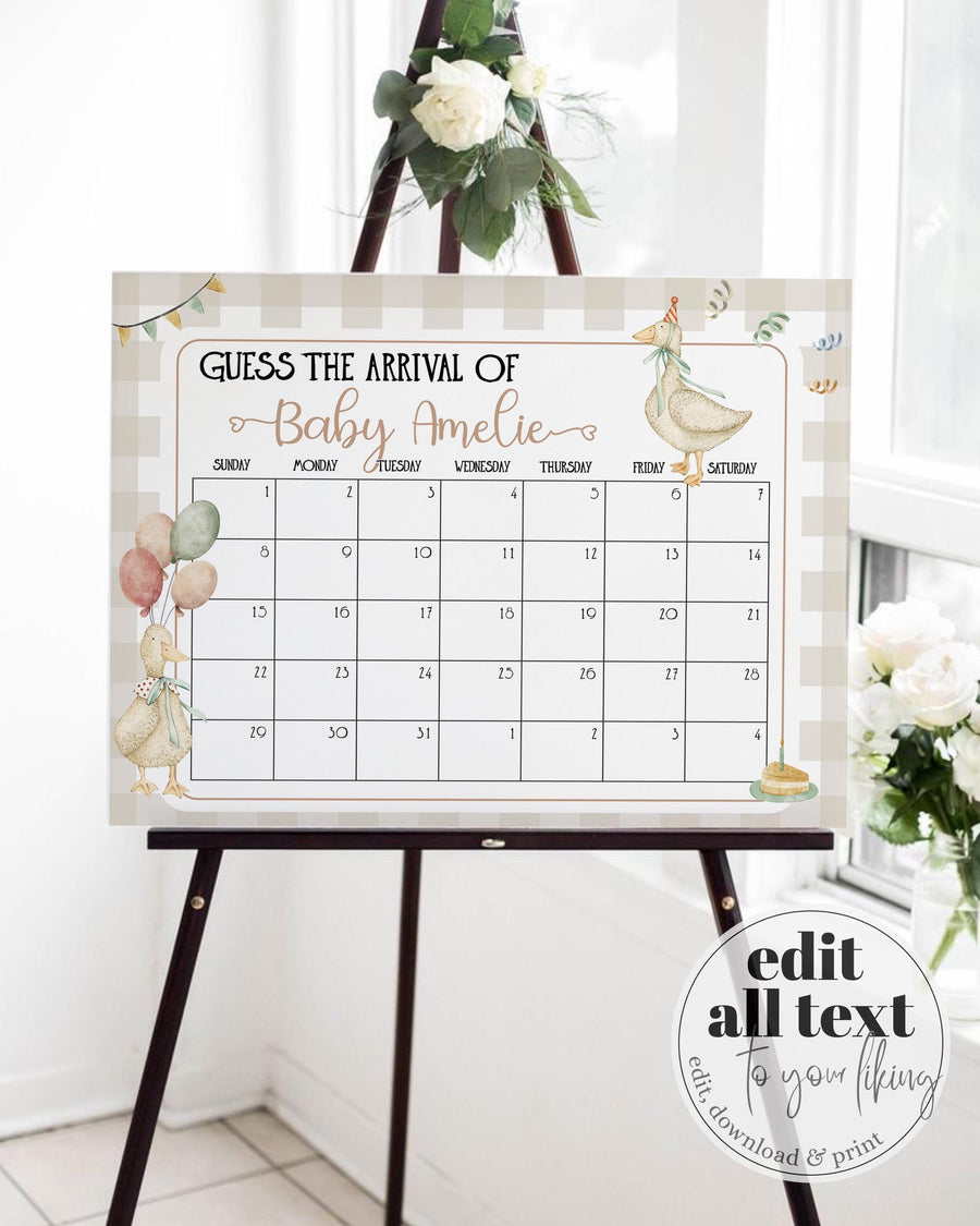 One Silly Goose Guess Due Date Sign Neutral Goose Baby Arrival Game Template 004SG-GUDD - marryful.org