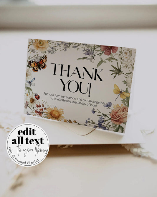 Wildflower Thank you Card for Love Bug Summer Baby Shower or First Birthday, Gender Neutral Thank you Card Enchanted Butterfly Template #072 - TheLovebirdsDesign