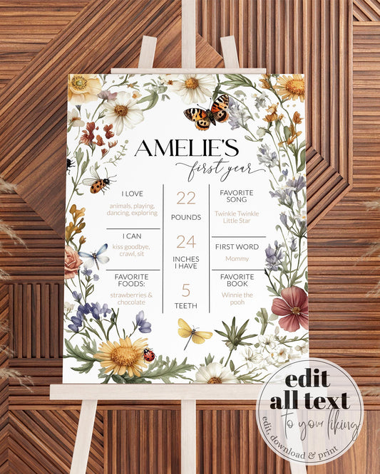 Wildflower Love bug First Birthday Milestone Sign little Lovebug Decorations Sign Gender Neutral First Year Butterfly Party Template #072 - TheLovebirdsDesign