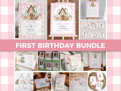 Chicken First Birthday Invitation Bundle Girl Pink ONE Chick 1st Birthday Invite Suite Cute Chicken Farm Barn Party Animal Template #068 - TheLovebirdsDesign