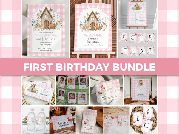 Chicken First Birthday Invitation Bundle Girl Pink ONE Chick 1st Birthday Invite Suite Cute Chicken Farm Barn Party Animal Template #068 - TheLovebirdsDesign
