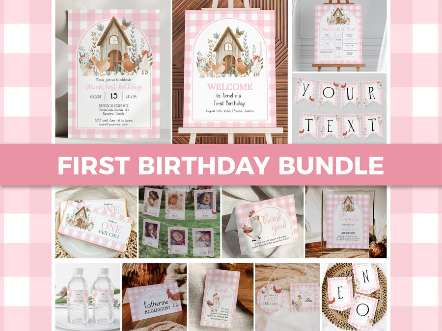 Pink Chicken Farm First Birthday Invitation Bundle, Girl 1st Birthday, Digital Download 005PI-BBUNDLE - marryful.org