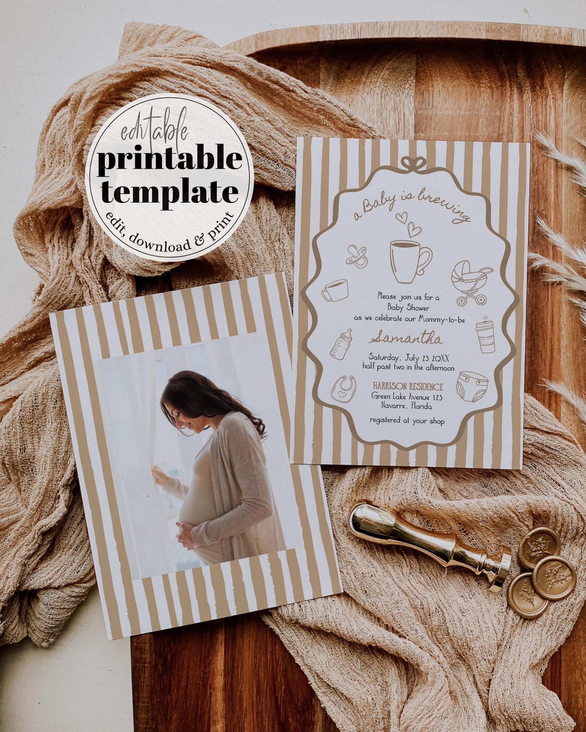 Hand Drawn Coffee Bean Baby Shower Invitation Suite, A Baby is Brewing Baby Sprinkle Invite, Cafe Bebe Printable Party Template #070 - TheLovebirdsDesign