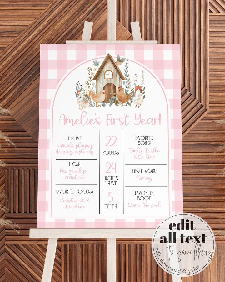 Chicken First Birthday Milestone Sign, One cute chicken 1st Birthday Decorations Sign, First Year Chicken Nugget Party Animal Template #068 - TheLovebirdsDesign