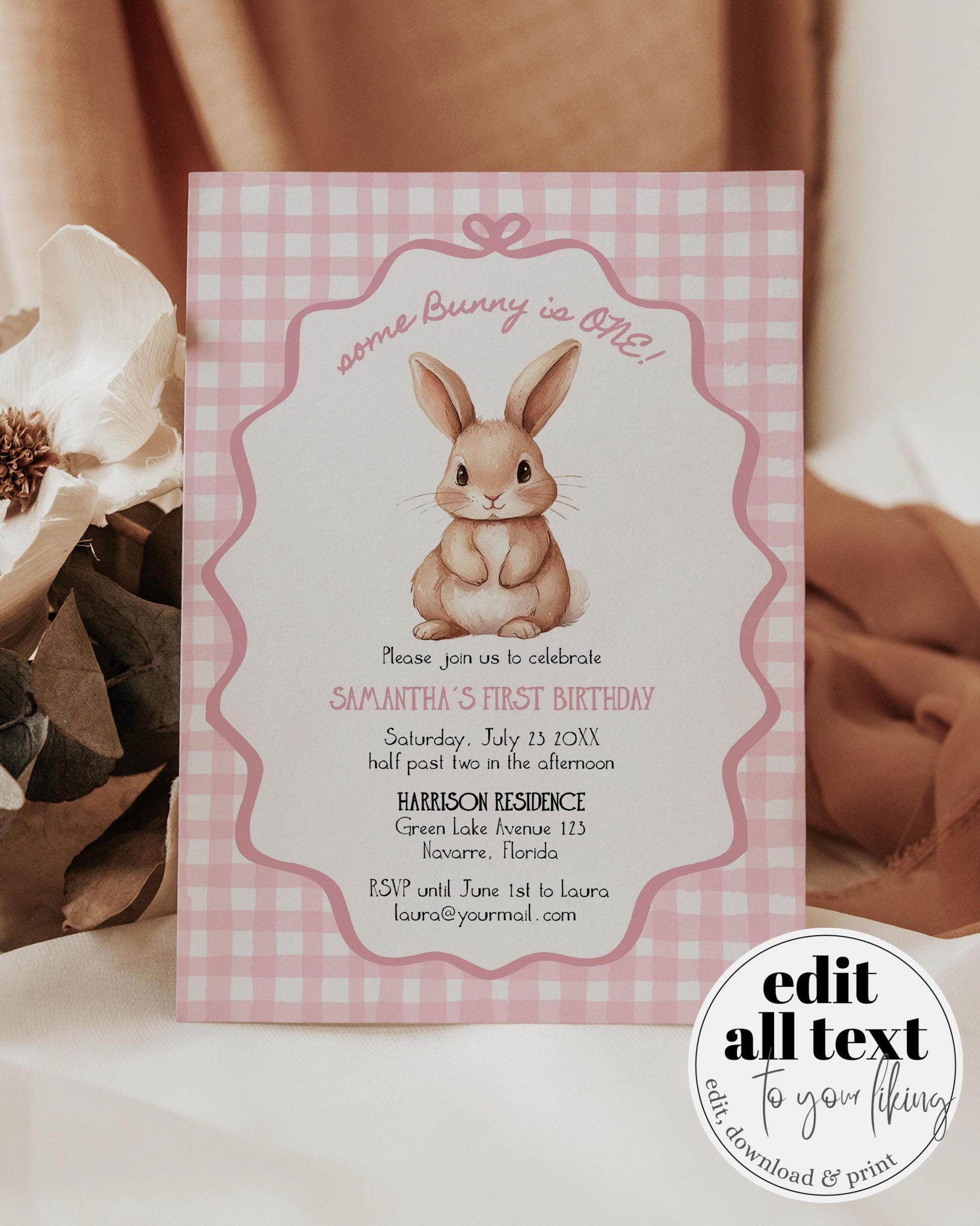 Some Bunny is One Gingham Pink First Birthday Invitation Girls, ONE Cute Rabbit Invite Some Bunny Sweet 1st Birthday Printable Template #070 - TheLovebirdsDesign