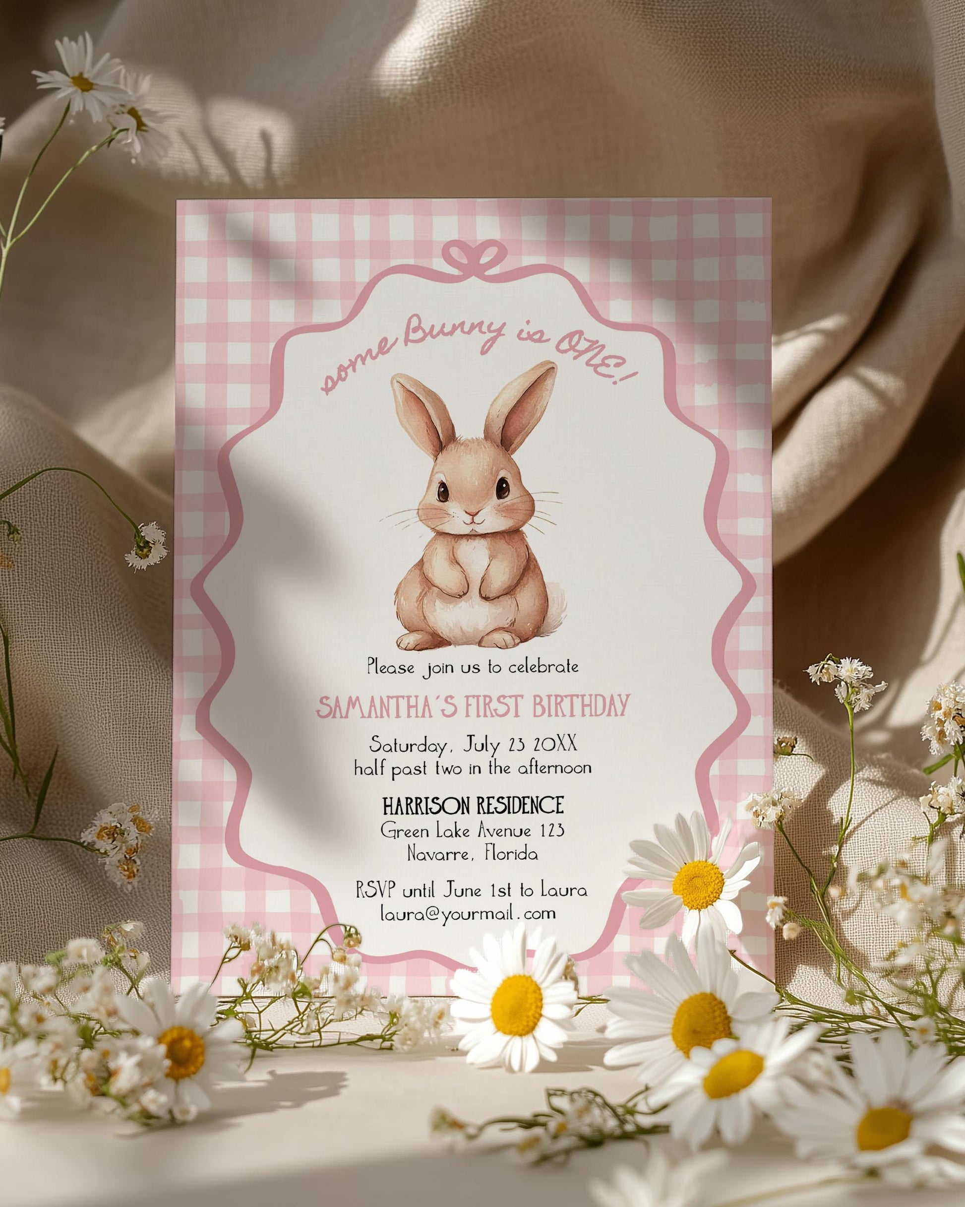 Some Bunny is One Gingham Pink First Birthday Invitation Girls, ONE Cute Rabbit Invite Some Bunny Sweet 1st Birthday Printable Template #070 - TheLovebirdsDesign