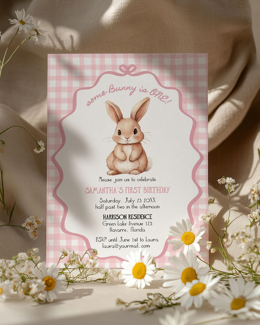 Some Bunny is One Gingham Pink First Birthday Invitation Girls, ONE Cute Rabbit Invite Some Bunny Sweet 1st Birthday Printable Template #070 - TheLovebirdsDesign