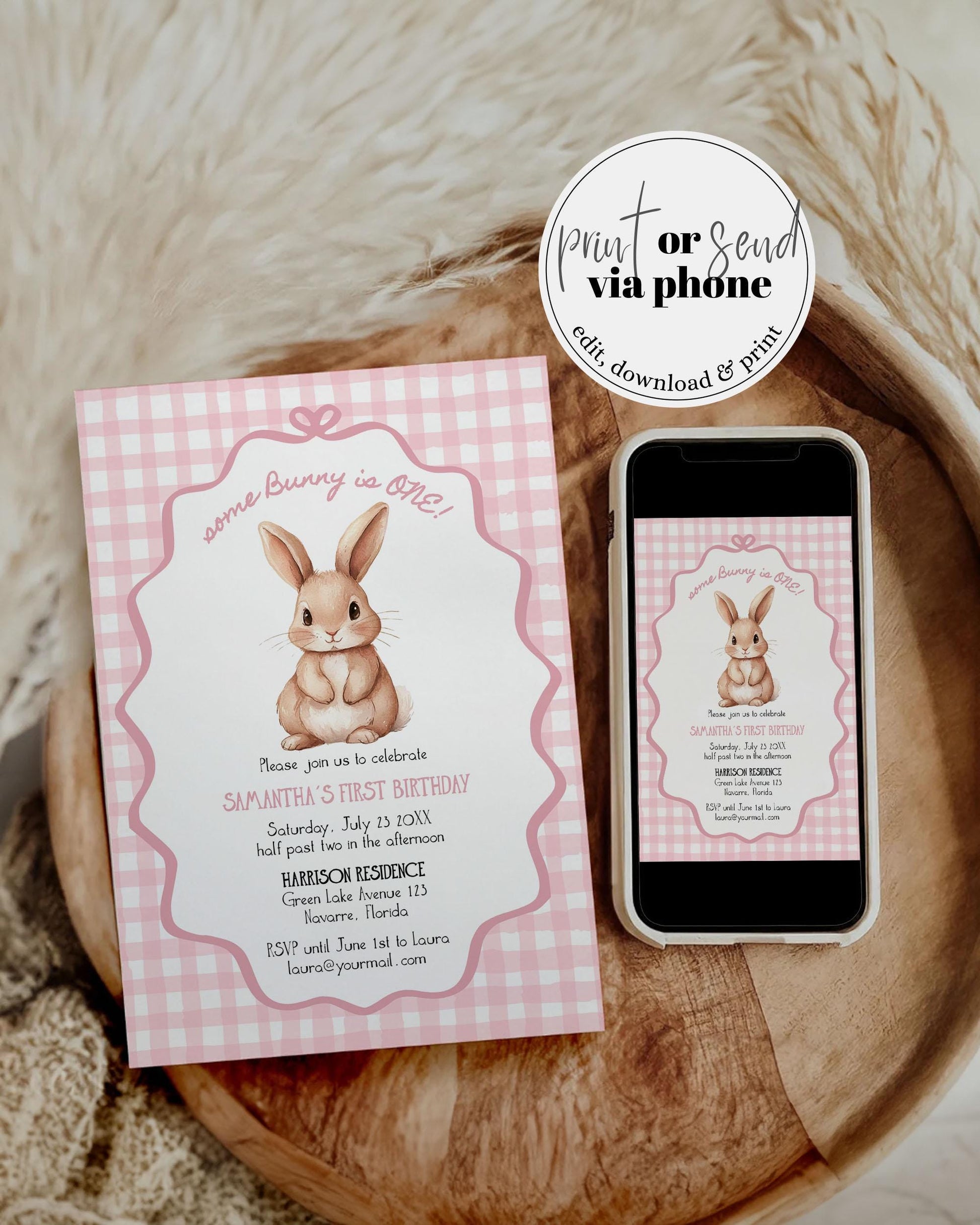 Some Bunny is One Gingham Pink First Birthday Invitation Girls, ONE Cute Rabbit Invite Some Bunny Sweet 1st Birthday Printable Template #070 - TheLovebirdsDesign