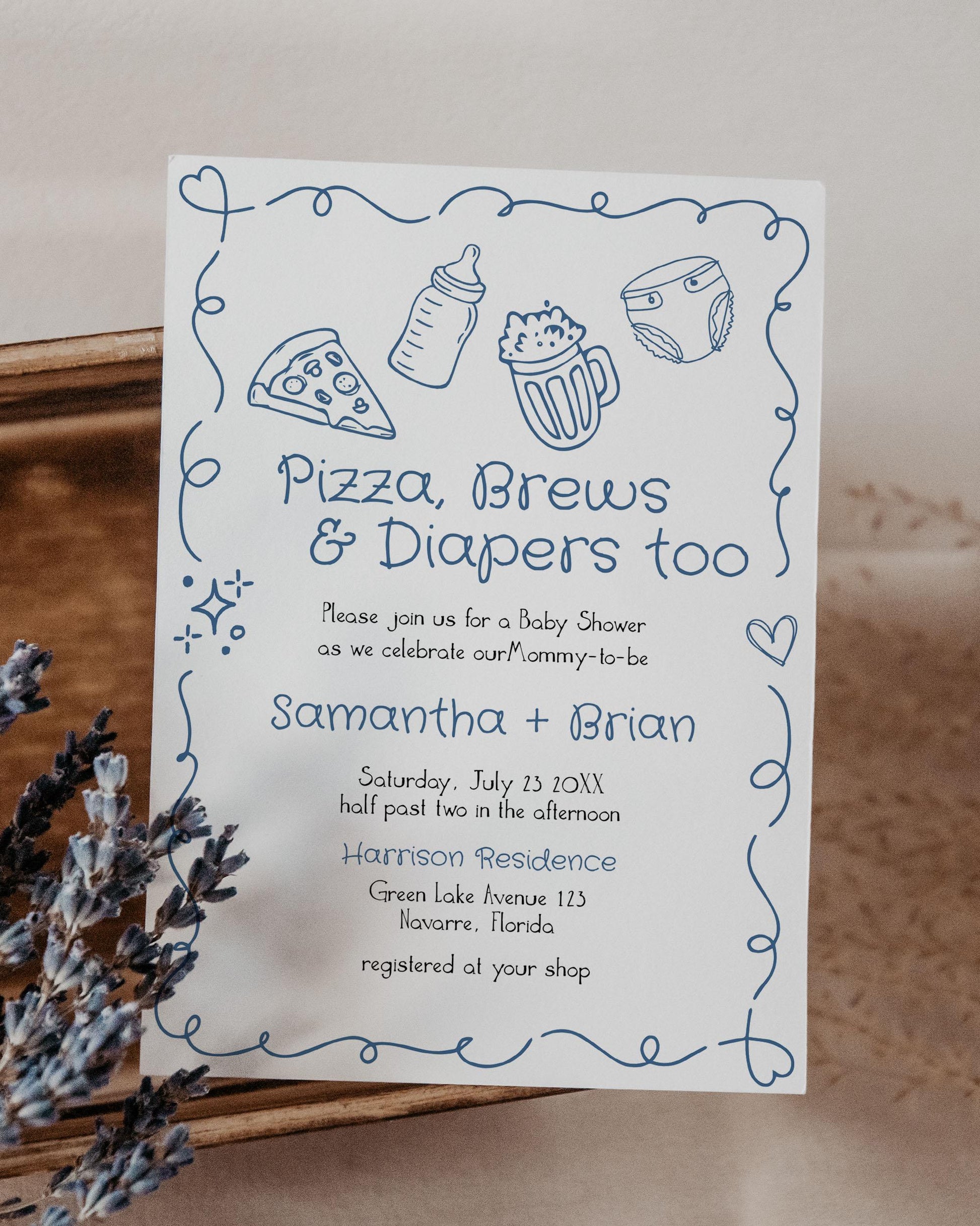 Pizza Brews Diapers too Baby Shower Invitation Italian Pizza Beer Whimsical Baby Sprinkle Boy Editable Pizza Slice Party Invite Template#070 - TheLovebirdsDesign