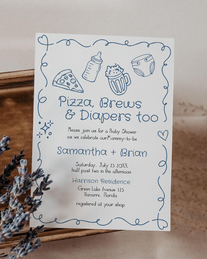 Pizza Brews Diapers too Baby Shower Invitation Italian Pizza Beer Whimsical Baby Sprinkle Boy Editable Pizza Slice Party Invite Template#070 - TheLovebirdsDesign