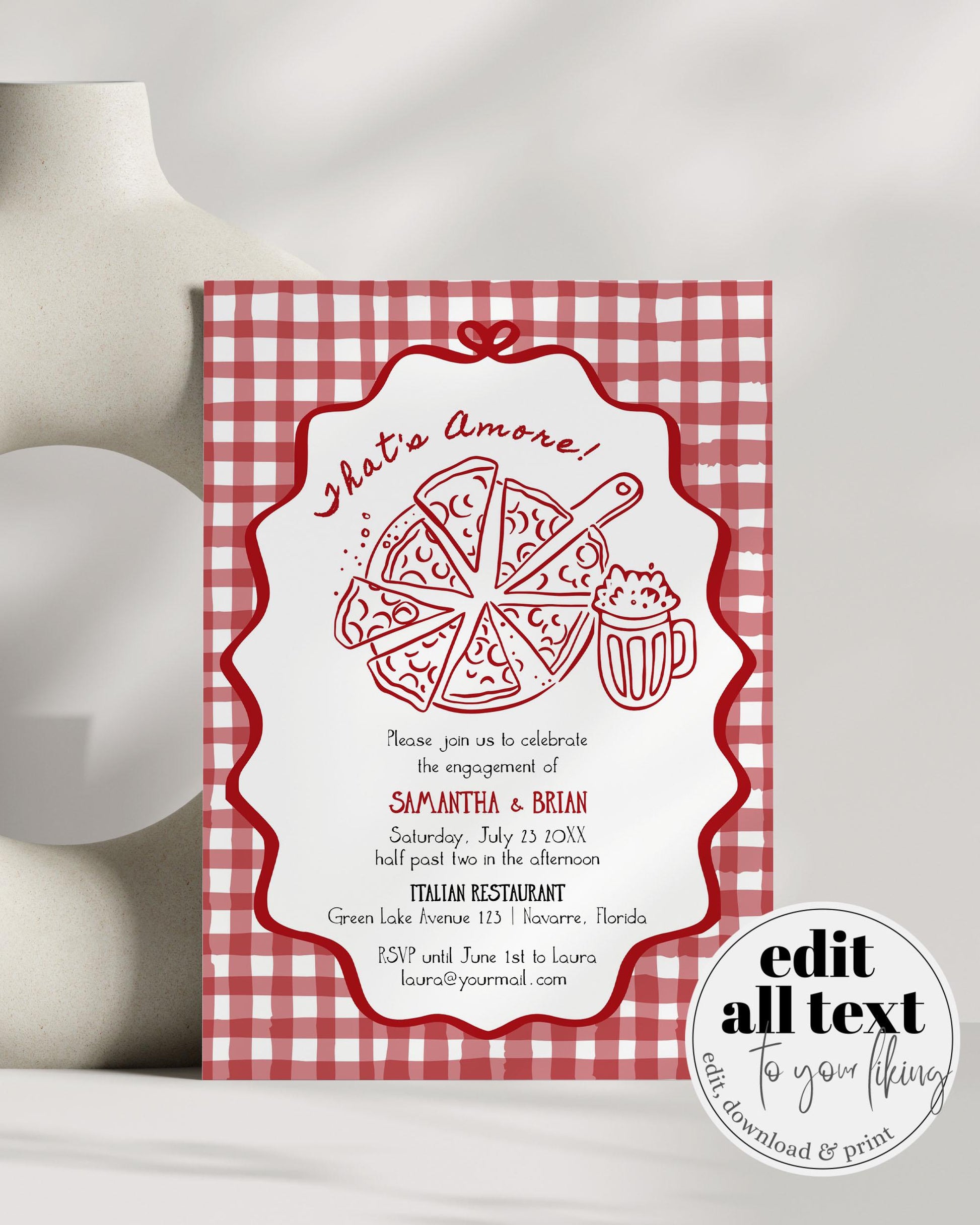 That's Amore Pizza Brews Couples Shower Invitation, Italian Pizza Beer Bridal Shower Invite, Editable Pizza Slice Party Invite Template #068 - TheLovebirdsDesign