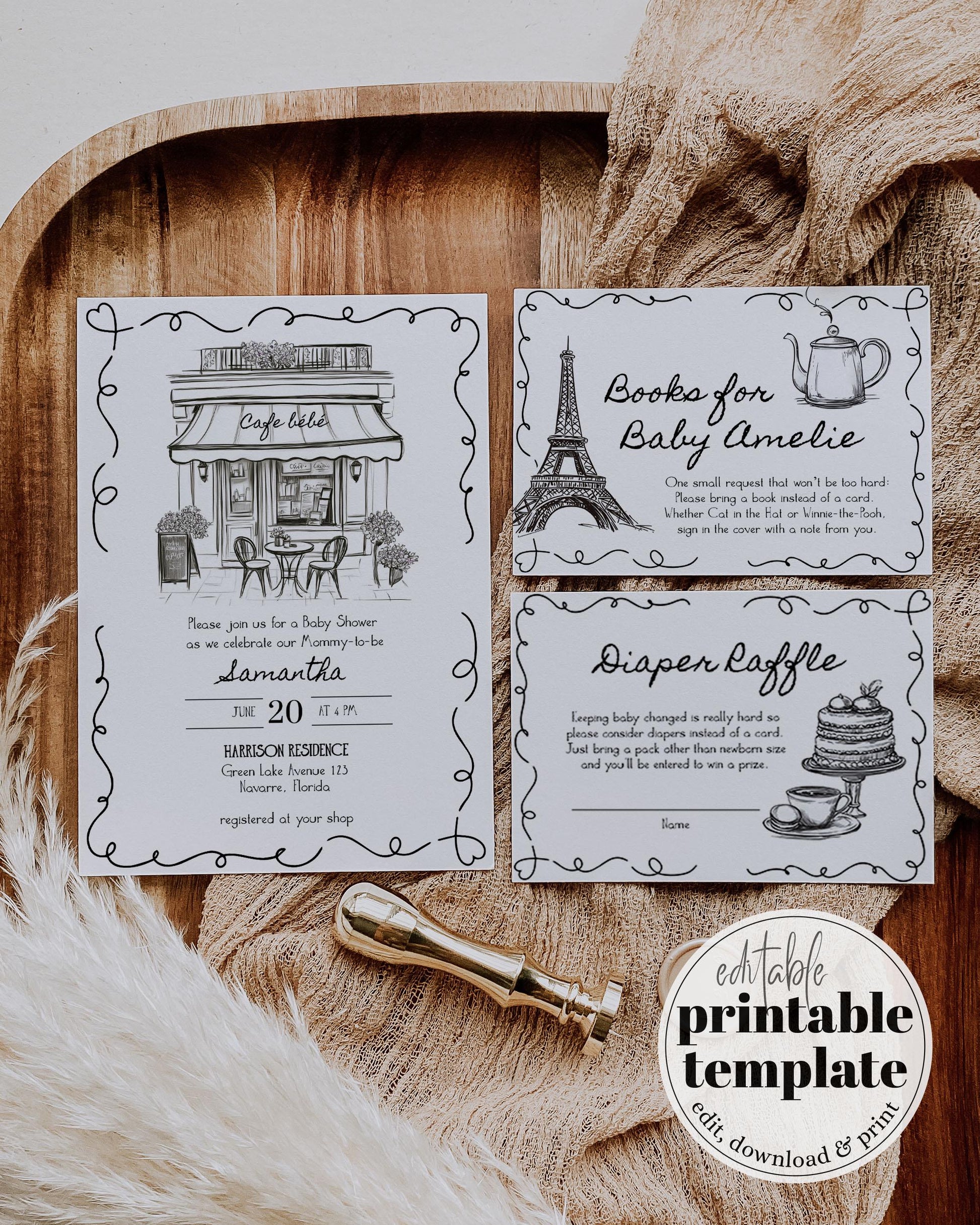 Cafe bebe Paris Coffee Bean Baby Shower Invitation, Whimsical Baby is Brewing Baby Brunch Invite, Gender Neutral Drawn Party Template #070 - TheLovebirdsDesign