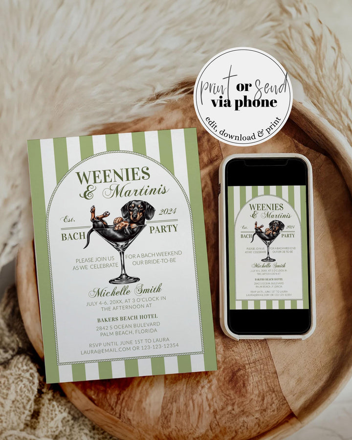 Weenies and Martinis Dachshund Bachelorette Itinerary, Editable Green Dirty Martini Bach Party Invitation Cocktail Social Club Template #072 - TheLovebirdsDesign