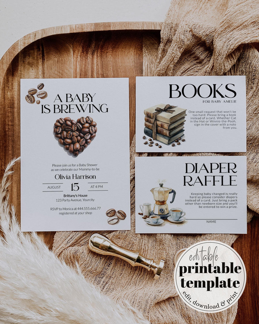 Coffee Bean Baby Shower Invitation, Gender Neutral Baby Is Brewing Cafe Bébé Template 091CO-BSINV - marryful.org