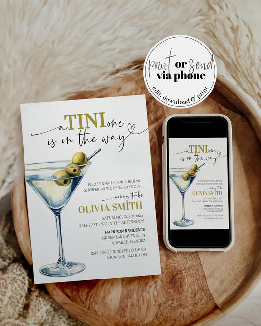 A Tini one is on the way dry Martini Baby Shower Invitation Set, Mommies and Martinis Old Money Penny Party Invite Printable Template #072 - TheLovebirdsDesign