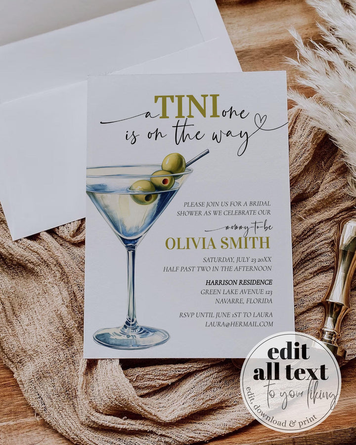 A Tini one is on the way dry Martini Baby Shower Invitation Set, Mommies and Martinis Old Money Penny Party Invite Printable Template #072 - TheLovebirdsDesign