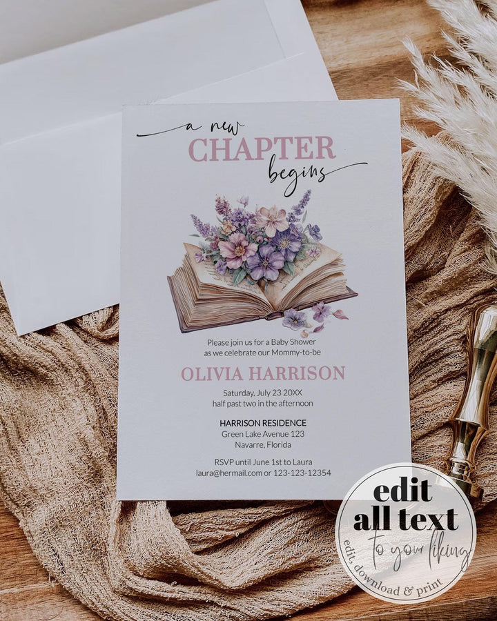 A New Chapter Begins Vintage Baby Shower Invitation, Lavender Pink Storybook Baby Shower Invite, Wildflower Themed Party Template #072 - TheLovebirdsDesign