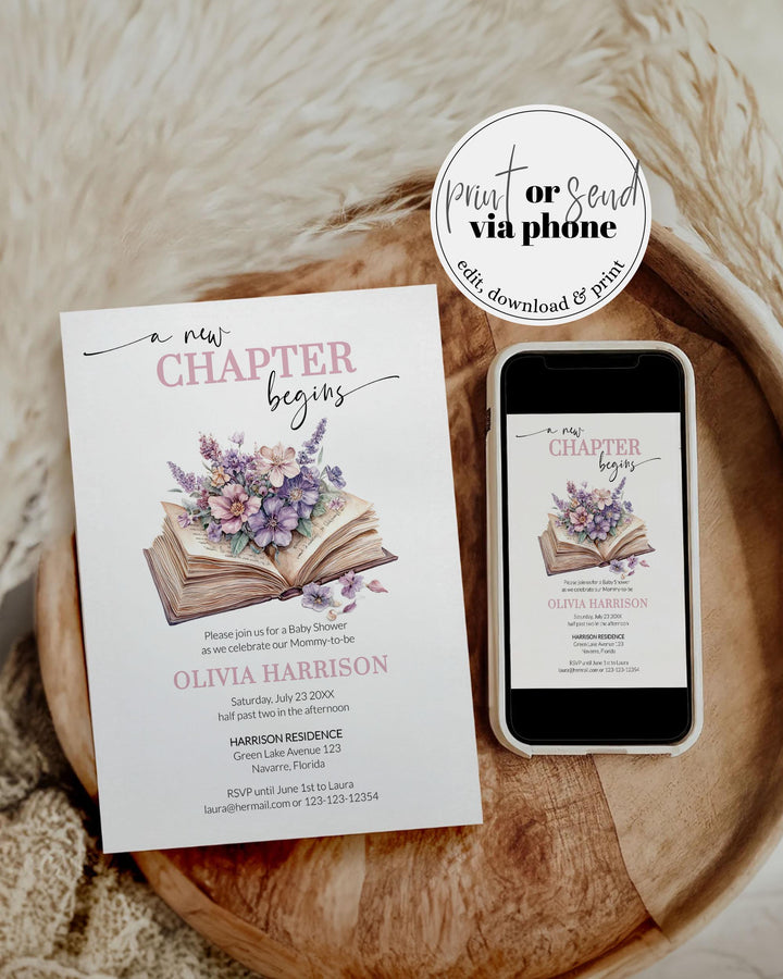 A New Chapter Begins Vintage Baby Shower Invitation, Lavender Pink Storybook Baby Shower Invite, Wildflower Themed Party Template #072 - TheLovebirdsDesign