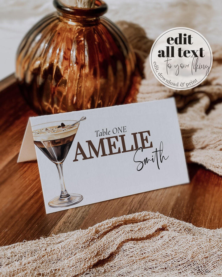 Espresso Martini Place Cards, Editable Coffee Martini themed Food Label, Love is brewing Martini Printable Decorations Template #072 - TheLovebirdsDesign