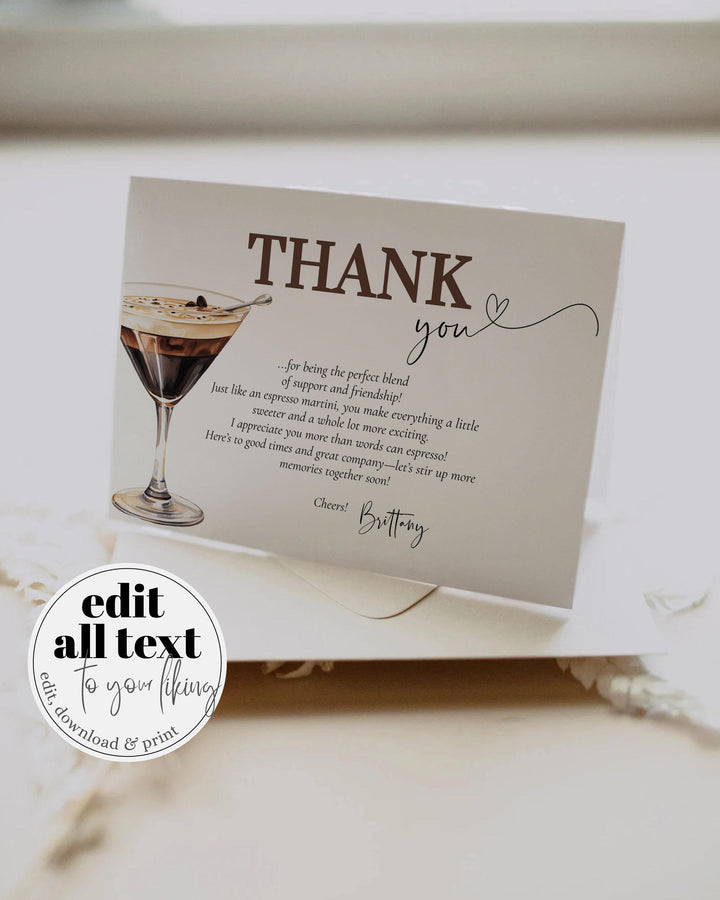 Espresso Martini Thank you Card, Editable Coffee Martini Thank you note, Social Cocktail Club Party Decorations Template #072 - TheLovebirdsDesign