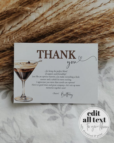Espresso Martini Thank you Card, Editable Coffee Martini Thank you note, Social Cocktail Club Party Decorations Template #072 - TheLovebirdsDesign