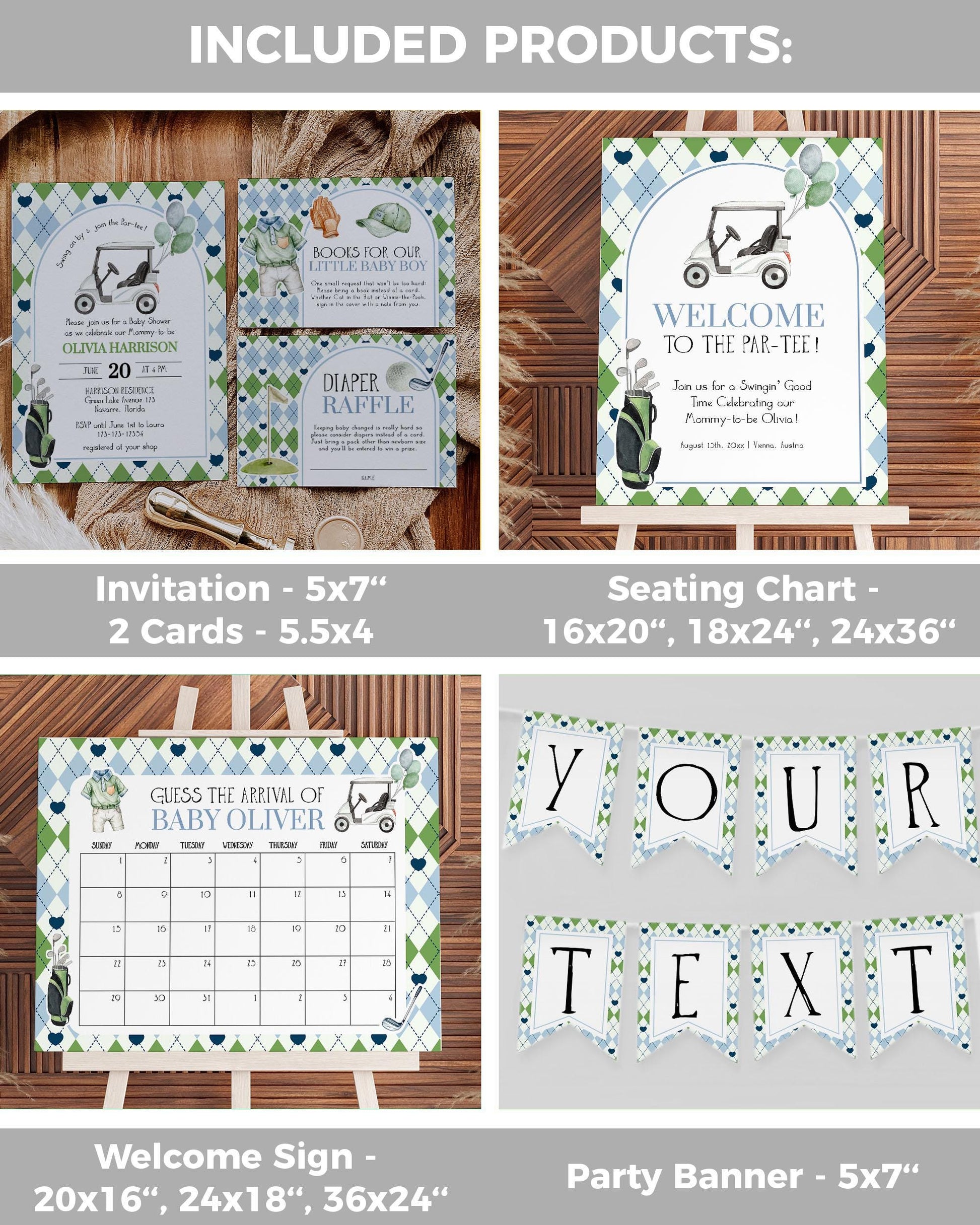 Boy Golf Baby Shower Invitation Bundle, Golfing Baby Shower Invite Template, Par-Tee Hole in one Golf theme Coquette Printable Template #068 - TheLovebirdsDesign