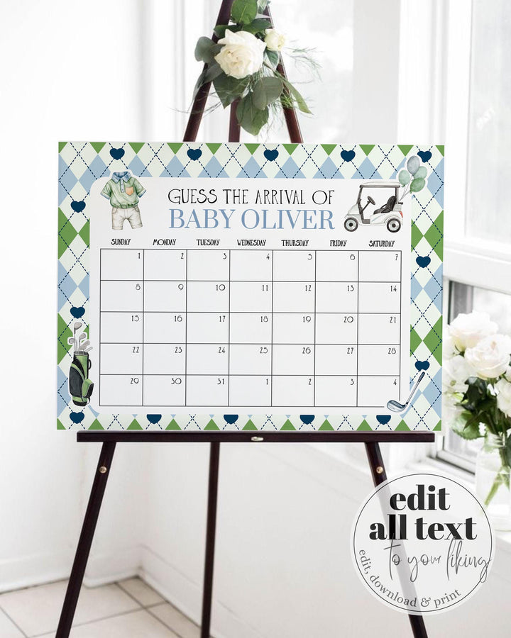Boy Golf Baby Shower Guess Due Date Game Sign, Golfing Baby Shower Party Decorations Template, Par-Tee Golf Baby Arrival Game Printable #068 - TheLovebirdsDesign