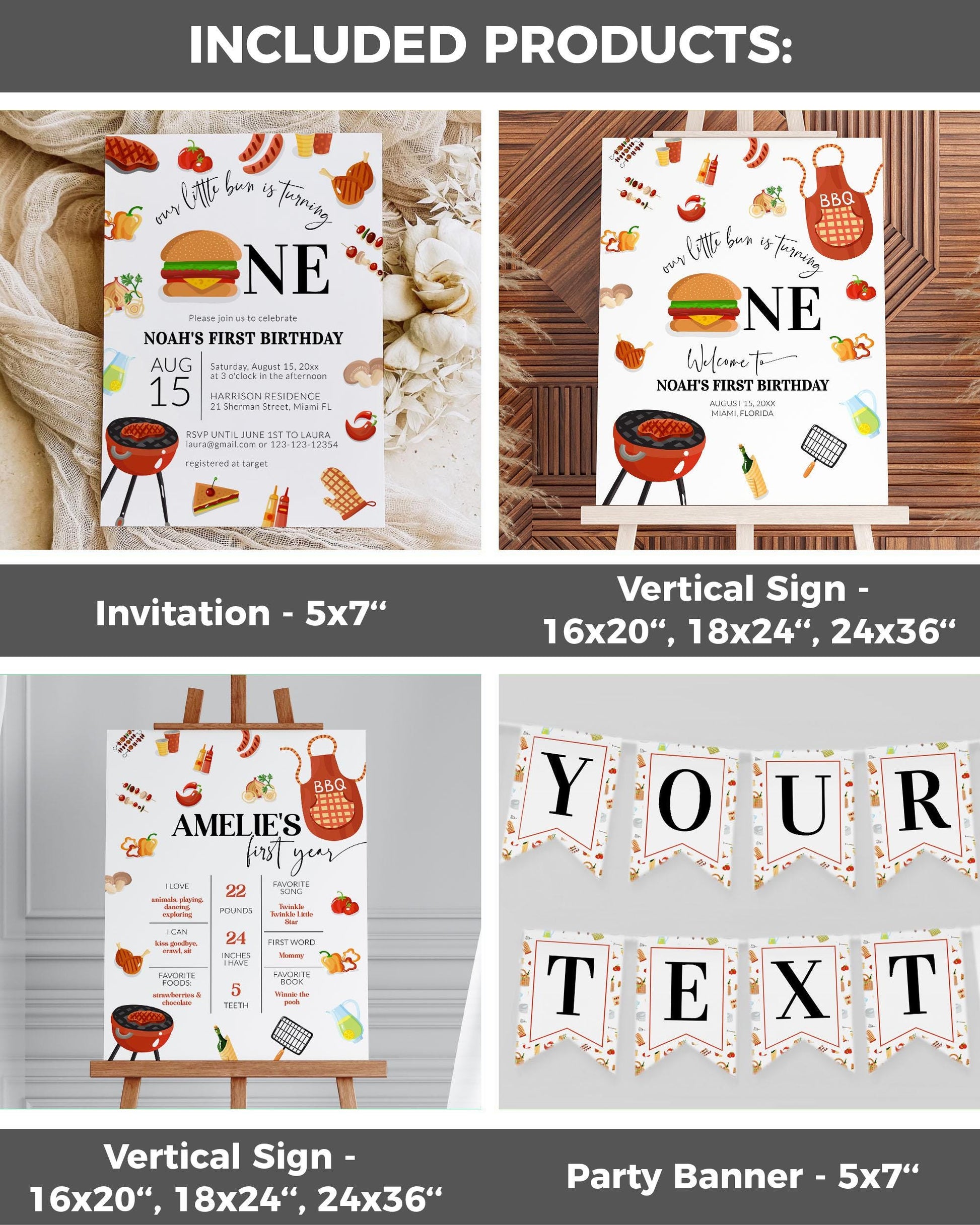 BBQ Burger Birthday Invitation Bundle, BBQ Bun Summer Boy Invite Template Set for Backyard Barbecue, Printable BBQ Party Decoration #072a - TheLovebirdsDesign