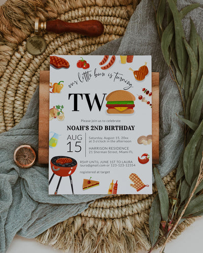 BBQ Burger 2nd Birthday Invite, Bun ist turning TWO Backyard Barbecue Summer Birthday Invite Boy, Second Birthday Invitation Template #072a - TheLovebirdsDesign